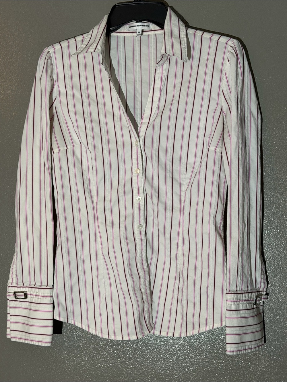 Express Striped Button-Up Shirt - Cream & Burgundy Stripes